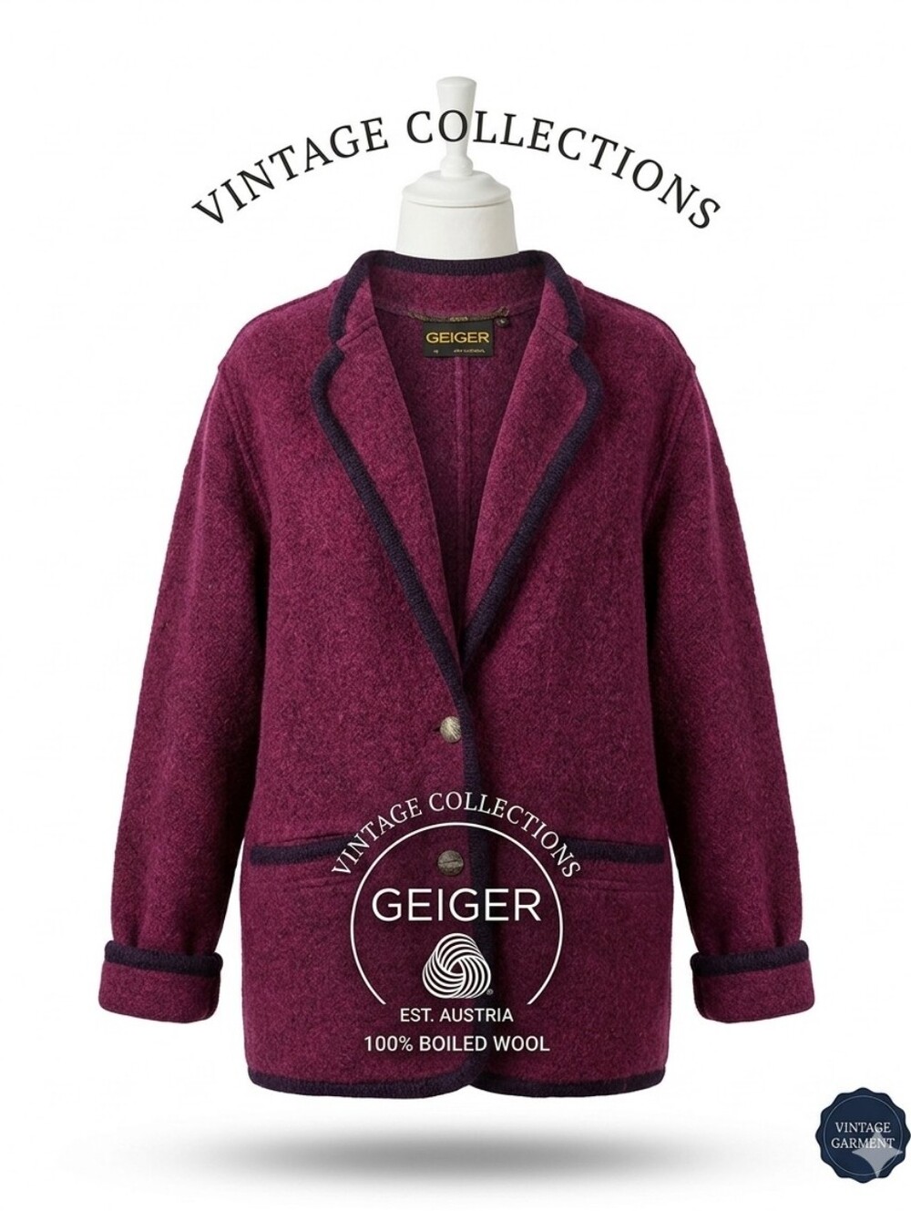 Geiger Austria Boiled Wool Jacket - Vintage Maroon Button-Front Cardigan Coat